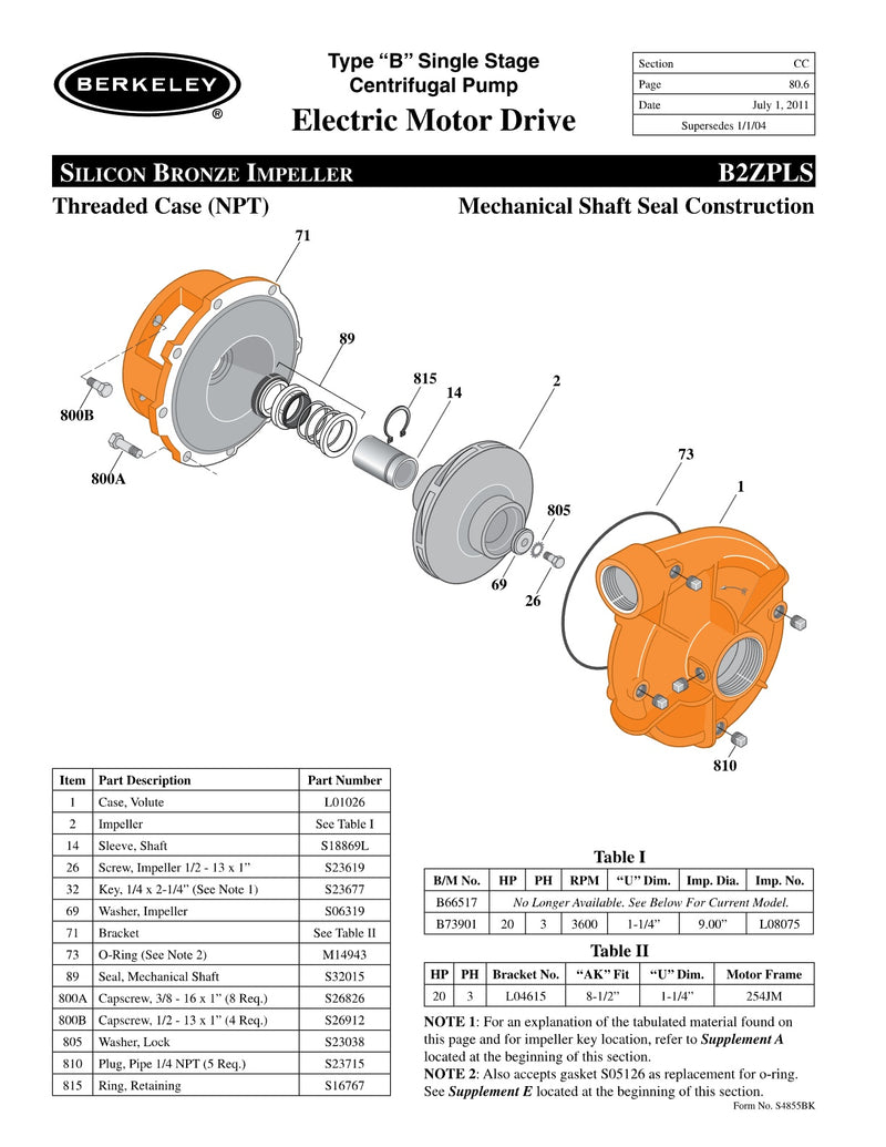 B2ZPLS Berkeley Replacement Parts