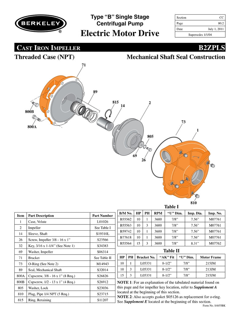 B2ZPLS Berkeley Replacement Parts