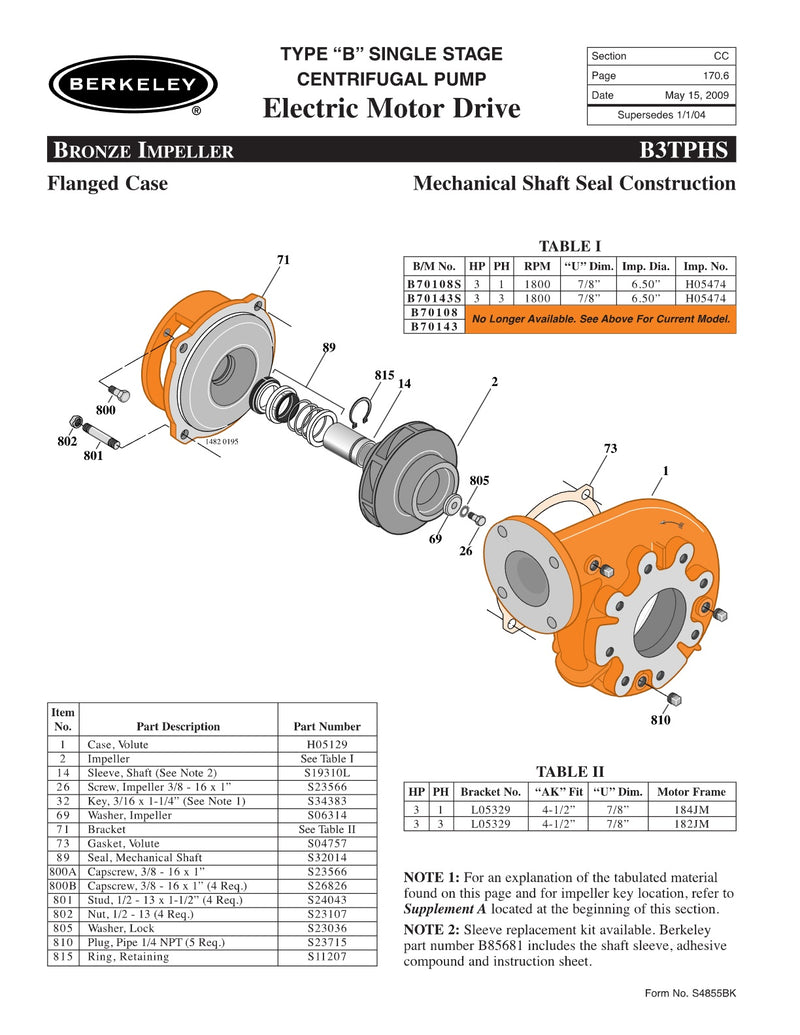 B3TPHS Berkeley Replacement Parts