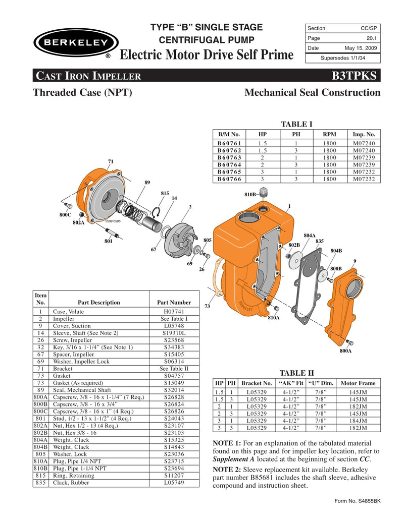 B3TPKS Berkeley Replacement Parts