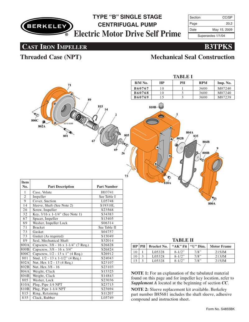 B3TPKS Berkeley Replacement Parts