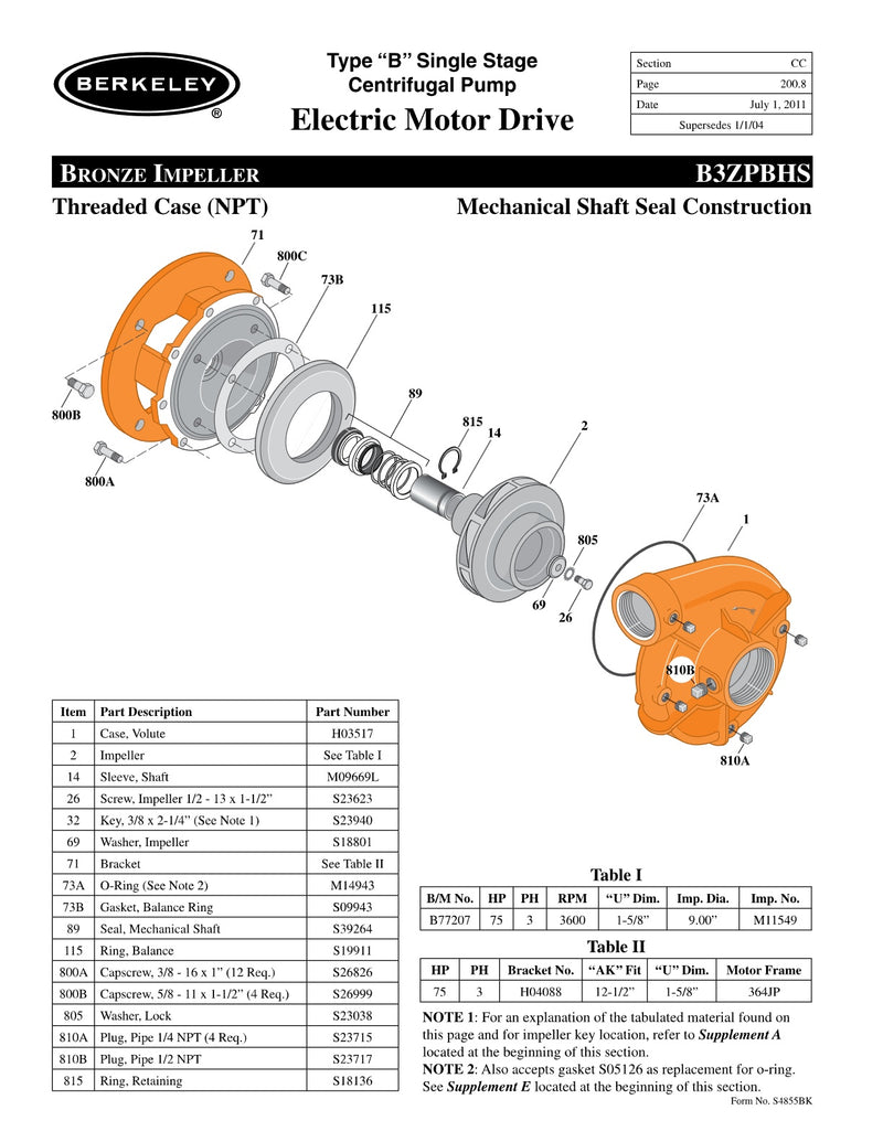 B3ZPBHS Berkeley Replacement Parts