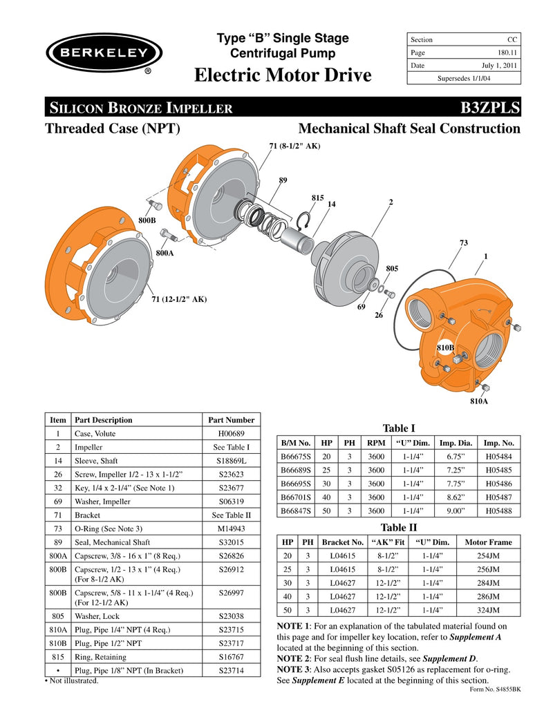 B3ZPLS Berkeley Replacement Parts