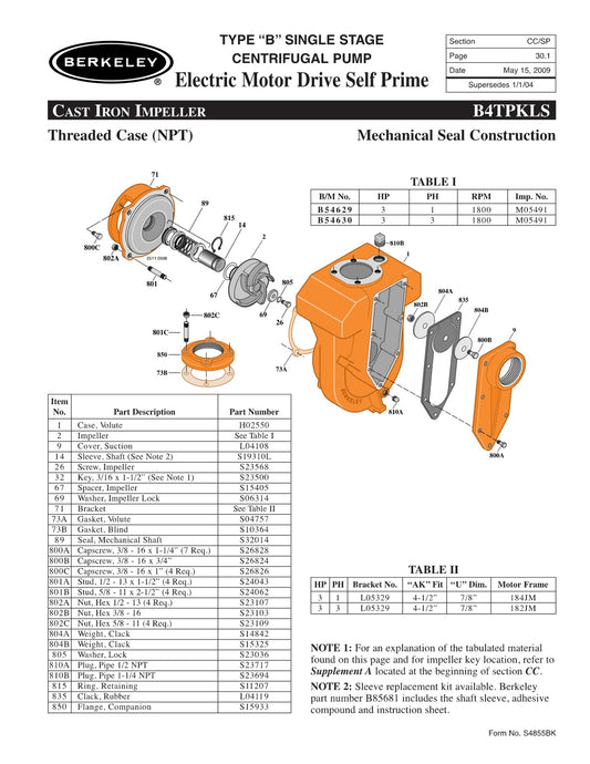 B4TPKLS Berkeley Replacement Parts