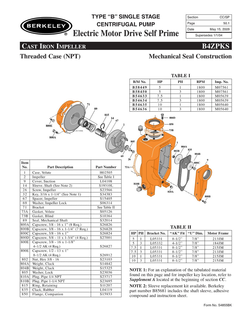 B4ZPKS Berkeley Replacement Parts