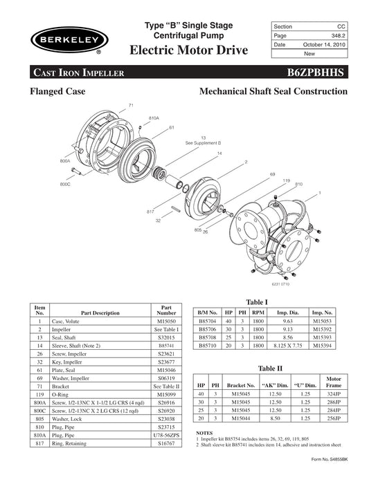 B6ZPBHHS Berkeley Replacement Parts