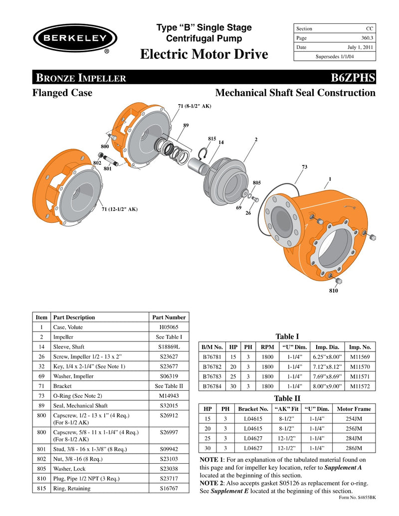 B6ZPHS Berkeley Replacement Parts