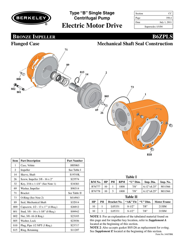 B6ZPLS Berkeley Replacement Parts