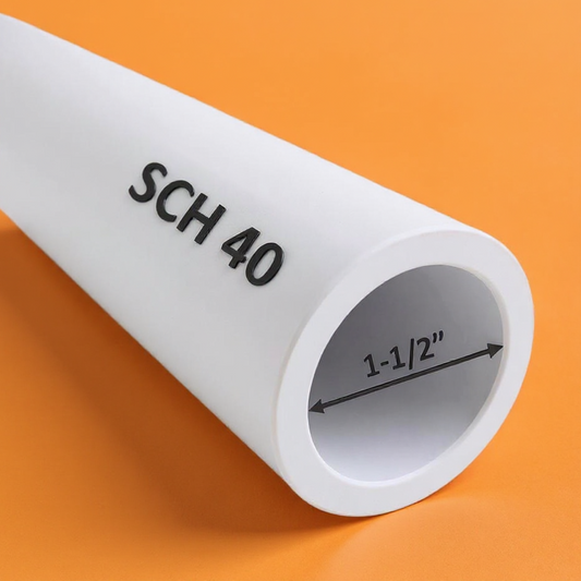 1-1/2" Schedule 40 PVC pipe – side view showing smooth white finish and cut-to-length ends for plumbing and irrigation use