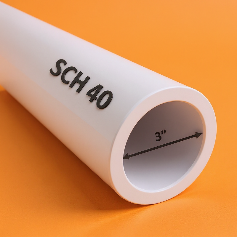 3" Schedule 40 PVC pipe – side view showing smooth white finish and cut-to-length ends for plumbing and irrigation use