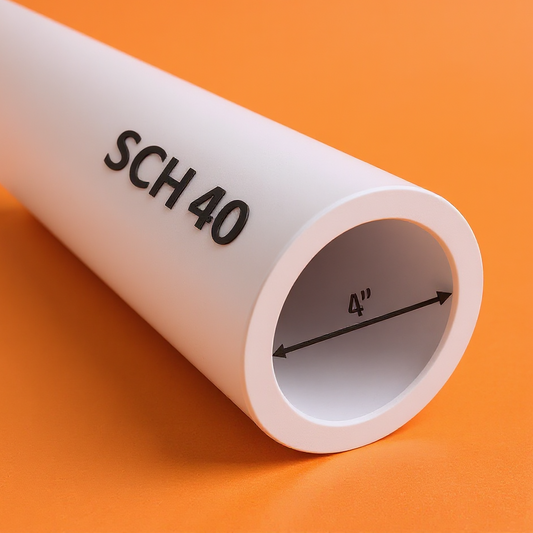 4" Schedule 40 PVC pipe – side view showing smooth white finish and cut-to-length ends for plumbing and irrigation use