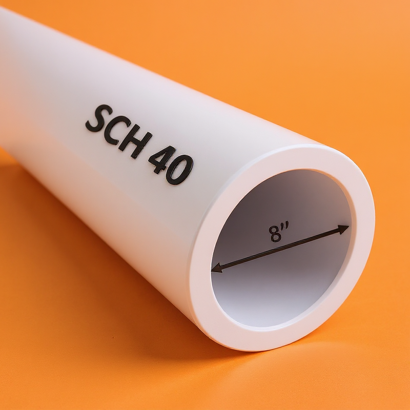 8" Schedule 40 PVC pipe – side view showing smooth white finish and cut-to-length ends for plumbing and irrigation use